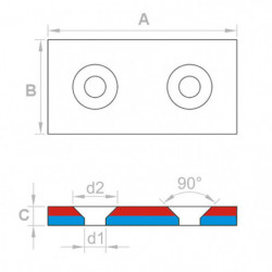 Magnes neodymowy – prostopadłościan z otworem na śruby z łbem stożkowym 40 x 20 x 4 N 80 °C, VMM4-N35